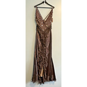 Mandalay Gown 8 Maxi Mermaid V-Neck Ruffle Satin Brown NWT Fairy Whimsical NWT